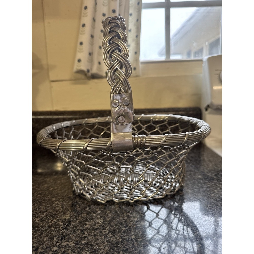 Vintage Aluminum Wire Basket with a Braided Handle